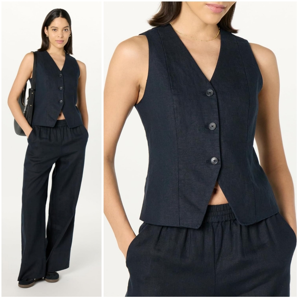 NWT The Drop Black Easy Linen V Button Sleeveless Old Money Vest Top Jacket L